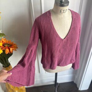 Free People Crop Rib Knit Bell Sleeve Sweater